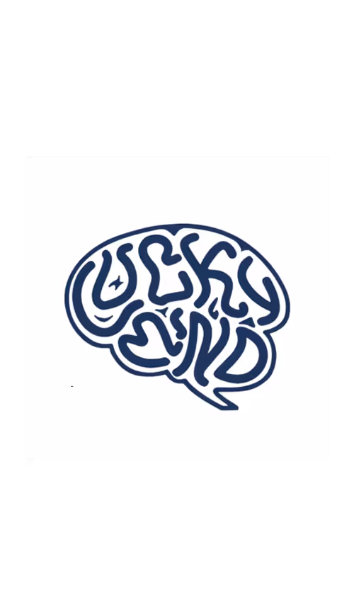 Logo w kształcie mózgu z napisem Lucky Mind w stylizowanej czcionce.